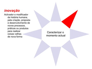 Caracterizar o  momento actual inovação Activador e modificador da história humana, pela criação, proposta e desenvolvimento de novos processos, práticas ou produtos para realizar  coisas velhas  de nova forma 