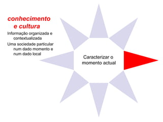 Caracterizar o  momento actual conhecimento e cultura Informação organizada e contextualizada Uma sociedade particular num dado momento e num dado local 