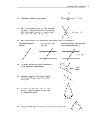 Summary of Math Properties 149
36. Perpendicular lines meet at right angles:
l
l
1
2
l l
1 2
⊥
37. When two straight lines meet at a point, they form
four angles. The angles opposite each other are
called vertical angles, and they are congruent (equal).
In the figure to the right, a = b, and c = d.
a
c
b
d
a = b, and c = d
38. When parallel lines are cut by a transversal, three important angle relationships exist:
Alternate interior angles
are equal.
a
a
Corresponding angles
are equal.
c
c
Interior angles on the same side of the
transversal are supplementary.
a
a + b = 180˚
b
39. The shortest distance from a point not on a line to
the line is along a perpendicular line.
Shortest
distance
Longer
distance
40. A triangle containing a right angle is called a
right triangle. The right angle is denoted by a
small square:
41. A triangle with two equal sides is called
isosceles. The angles opposite the equal sides
are called the base angles:
Base angles
x x
42. In an equilateral triangle all three sides are equal, and each angle is 60°:
60˚
60˚ 60˚
s s
s
 