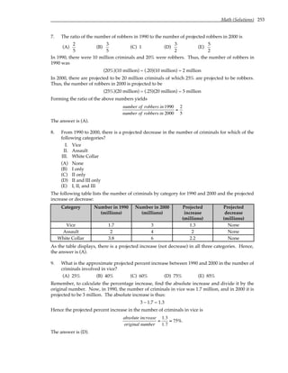 Math (Solutions) 253
7. The ratio of the number of robbers in 1990 to the number of projected robbers in 2000 is
(A)
2
5
(B)
3
5
(C) 1 (D)
3
2
(E)
5
2
In 1990, there were 10 million criminals and 20% were robbers. Thus, the number of robbers in
1990 was
(20%)(10 million) = (.20)(10 million) = 2 million
In 2000, there are projected to be 20 million criminals of which 25% are projected to be robbers.
Thus, the number of robbers in 2000 is projected to be
(25%)(20 million) = (.25)(20 million) = 5 million
Forming the ratio of the above numbers yields
number of robbers in 1990
number of robbers in 2000
=
2
5
The answer is (A).
8. From 1990 to 2000, there is a projected decrease in the number of criminals for which of the
following categories?
I. Vice
II. Assault
III. White Collar
(A) None
(B) I only
(C) II only
(D) II and III only
(E) I, II, and III
The following table lists the number of criminals by category for 1990 and 2000 and the projected
increase or decrease:
Category Number in 1990
(millions)
Number in 2000
(millions)
Projected
increase
(millions)
Projected
decrease
(millions)
Vice 1.7 3 1.3 None
Assault 2 4 2 None
White Collar 3.8 6 2.2 None
As the table displays, there is a projected increase (not decrease) in all three categories. Hence,
the answer is (A).
9. What is the approximate projected percent increase between 1990 and 2000 in the number of
criminals involved in vice?
(A) 25% (B) 40% (C) 60% (D) 75% (E) 85%
Remember, to calculate the percentage increase, find the absolute increase and divide it by the
original number. Now, in 1990, the number of criminals in vice was 1.7 million, and in 2000 it is
projected to be 3 million. The absolute increase is thus:
3 – 1.7 = 1.3
Hence the projected percent increase in the number of criminals in vice is
absolute increase
original number
=
1.3
1.7
≈ 75%.
The answer is (D).
 