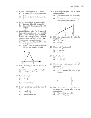 Data Sufficiency 301
14. If p and q are integers, is pq + 1 even?
(1) If p is divided by 2, the remainder
is 1.
(2) If q is divided by 6, the remainder
is 1.
15. If Q is a quadrilateral, is Q a rectangle?
(1) Opposite sides of Q are parallel.
(2) One of the four angles of Q is 90
degrees.
16. Cyclist M leaves point P at 12 noon and
travels at constant velocity in a straight
path. Cyclist N leaves point P at 2 PM,
travels the same path at a constant
velocity, and overtakes M at 4 PM.
What was the average speed of N?
(1) The velocity of Cyclist M was 20
miles per hour.
(2) When Cyclist N overtook Cyclist
M, both had traveled 60 miles.
O
A
B
17. In the above figure, what is the area of
∆ABO?
(1) The coordinates of A are ( 3, 3 ).
(2) ∆ABO is equilateral.
18. Does x2
= xy ?
(1)
y
x3
= 1
(2) x2
+ y2
= x − y
( )2
19. If a is an integer, what is the value of
a?
(1)
1
4
<
1
a
<
2
3
(2) The integer a is odd.
20. n is an integer between 1 and 84. What
is the value of n?
(1) The square root of n is divisible by
5.
(2) n is both the square of an integer
and the cube of an integer.
A B C
D
E
21. If E is the midpoint of AD, what is the
length of EB?
(1) ∠D = 60°
(2) DC = 4
22. If x, y ≠ 0, is
x
y
an integer?
(1) x is prime.
(2) y is even.
23. Is x2
− y2
even?
(1) x + y is odd.
(2) x – y is odd.
24. If both x and y are integers, is x2
− y2
an integer?
(1) x + y = 0
(2) x2
− y2
equals the cube of an
integer.
x x
y
y
25. If the sides x of the rectangle above are
increased by 3 units, what was the
original area?
(1) The resulting area is 20.
(2) The resulting figure is a square.
 