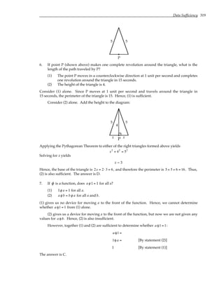 Data Sufficiency 319
P
5 5
6. If point P (shown above) makes one complete revolution around the triangle, what is the
length of the path traveled by P?
(1) The point P moves in a counterclockwise direction at 1 unit per second and completes
one revolution around the triangle in 15 seconds.
(2) The height of the triangle is 4.
Consider (1) alone. Since P moves at 1 unit per second and travels around the triangle in
15 seconds, the perimeter of the triangle is 15. Hence, (1) is sufficient.
Consider (2) alone. Add the height to the diagram:
P
5 5
4
x
x
Applying the Pythagorean Theorem to either of the right triangles formed above yields
x2
+ 42
= 52
Solving for x yields
x = 3
Hence, the base of the triangle is 2x = 2 ⋅3 = 6, and therefore the perimeter is 5 + 5 + 6 = 16. Thus,
(2) is also sufficient. The answer is D.
7. If φ is a function, does aφ 1 = 1 for all a?
(1) 1φ a = 1 for all a.
(2) aφ b = bφ a for all a and b.
(1) gives us no device for moving a to the front of the function. Hence, we cannot determine
whether aφ1 = 1 from (1) alone.
(2) gives us a device for moving a to the front of the function, but now we are not given any
values for aφb. Hence, (2) is also insufficient.
However, together (1) and (2) are sufficient to determine whether aφ1 = 1:
aφ1 =
1φ a = [By statement (2)]
1 [By statement (1)]
The answer is C.
 
