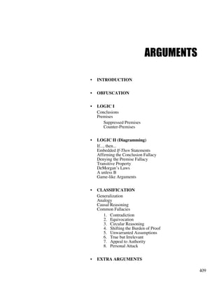 409
ARGUMENTS
• INTRODUCTION
• OBFUSCATION
• LOGIC I
Conclusions
Premises
Suppressed Premises
Counter-Premises
• LOGIC II (Diagramming)
If..., then...
Embedded If-Then Statements
Affirming the Conclusion Fallacy
Denying the Premise Fallacy
Transitive Property
DeMorgan’s Laws
A unless B
Game-like Arguments
• CLASSIFICATION
Generalization
Analogy
Causal Reasoning
Common Fallacies
1. Contradiction
2. Equivocation
3. Circular Reasoning
4. Shifting the Burden of Proof
5. Unwarranted Assumptions
6. True but Irrelevant
7. Appeal to Authority
8. Personal Attack
• EXTRA ARGUMENTS
 