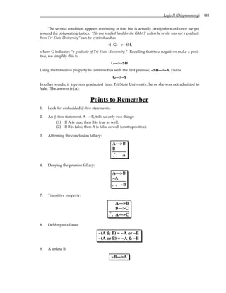 Logic II (Diagramming) 441
The second condition appears confusing at first but is actually straightforward once we get
around the obfuscating tactics. “No one studied hard for the GMAT unless he or she was not a graduate
from Tri-State University” can be symbolized as
~(~G)—>~SH,
where G indicates “a graduate of Tri-State University.” Recalling that two negatives make a posi-
tive, we simplify this to
G—>~SH
Using the transitive property to combine this with the first premise, ~SH—>~Y, yields
G—>~Y
In other words, if a person graduated from Tri-State University, he or she was not admitted to
Yale. The answer is (A).
Points to Remember
1. Look for embedded if-then statements.
2. An if-then statement, A—>B, tells us only two things:
(1) If A is true, then B is true as well.
(2) If B is false, then A is false as well (contrapositive).
3. Affirming the conclusion fallacy:
A—>B
B
. .
.
A
4. Denying the premise fallacy:
A—>B
~A
. .
.
~B
7. Transitive property:
A—>B
B—>C
. .
.
A—>C
8. DeMorgan’s Laws:
~(A & B) = ~A or ~B
~(A or B) = ~A & ~B
9. A unless B:
~B—>A
 