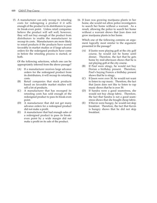 448 GMAT Prep Course
15. A manufacturer can only recoup its retooling
costs for redesigning a product if it sells
enough of the product to its distributors to pass
its break-even point. Unless retail companies
believe the product will sell well, however,
they will not buy enough of the product from
distributors to enable the manufacturer to
recoup its costs. Manufacturers are more likely
to retool products if the products have scored
favorably in market studies or if large advance
orders for the redesigned products have come
in before the retooling process is started, or
both.
Of the following selections, which one can be
appropriately inferred from the above passage?
(A) If a manufacturer receives large advance
orders for the redesigned product from
its distributors, it will recoup its retooling
costs.
(B) Retail companies that stock products
based on favorable market studies will
sell a lot of products.
(C) A manufacturer that has recouped its
retooling costs has sold enough of the
redesigned product to pass its break-even
point.
(D) A manufacturer that did not get many
advance orders for a redesigned product
did not make a profit.
(E) A manufacturer that had enough sales of
a redesigned product to pass its break-
even point by a wide margin did not
make a profit on its sale of the product.
16. If Joan was growing marijuana plants in her
home, she would not allow police investigators
to search her home without a warrant. As a
result, allowing the police to search her home
without a warrant shows that Joan does not
grow marijuana plants in her home.
Which one of the following contains an argu-
ment logically most similar to the argument
presented in the passage?
(A) If Justin were playing golf at the city golf
course, he would not be home until
dinner. Therefore, the fact that he gets
home by mid-afternoon shows that he is
not playing golf at the city course.
(B) If Paul were stingy, he would not buy
Dorian a birthday present. Therefore,
Paul’s buying Francis a birthday present
shows that he is stingy.
(C) If Jason were over 30, he would not want
to listen to rap music. Therefore, the fact
that Jason does not like to listen to rap
music shows that he is over 30.
(D) If Sandra were a good seamstress, she
would not buy cheap fabric. Therefore,
the fact that Sandra is not a good seam-
stress shows that she bought cheap fabric.
(E) If Kevin were hungry, he would not skip
breakfast. Therefore, the fact that Kevin
is hungry shows that he did not skip
breakfast.
 