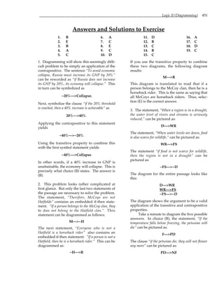 Logic II (Diagramming) 451
Answers and Solutions to Exercise
1. B
2. E
3. B
4. A
5. C
6. A
7. C
8. E
9. C
10. D
11. D
12. B
13. C
14. B
15. C
16. A
17. C
18. D
19. C
1. Diagramming will show this seemingly diffi-
cult problem to be simply an application of the
contrapositive. The sentence “To avoid economic
collapse, Russia must increase its GNP by 20%”
can be reworded as “if Russia does not increase
its GNP by 20%, its economy will collapse.” This
in turn can be symbolized as
~20%—>Collapse.
Next, symbolize the clause “if the 20% threshold
is reached, then a 40% increase is achievable” as
20%—>40%.
Applying the contrapositive to this statement
yields
~40%—>~20%.
Using the transitive property to combine this
with the first symbol statement yields
~40%—>Collapse.
In other words, if a 40% increase in GNP is
unattainable, the economy will collapse. This is
precisely what choice (B) states. The answer is
(B).
2. This problem looks rather complicated at
first glance. But only the last two statements of
the passage are necessary to solve the problem.
The statement, “Therefore, McCoys are not
Hatfields” contains an embedded if-then state-
ment. “If a person belongs to the McCoy clan, they
he does not belong to the Hatfield clan.” This
statement can be diagrammed as follows:
M—>~H
The next statement, “Everyone who is not a
Hatfield is a horseback rider” also contains an
embedded if-then statement: "If a person is not a
Hatfield, then he is a horseback rider.” This can be
diagrammed as:
~H—>R
If you use the transitive property to combine
these two diagrams, the following diagram
results:
M—>R
This diagram is translated to read that if a
person belongs to the McCoy clan, then he is a
horseback rider. This is the same as saying that
all McCoys are horseback riders. Thus, selec-
tion (E) is the correct answer.
3. The statement, “When a region is in a drought,
the water level of rivers and streams is seriously
reduced,” can be pictured as:
D—>WR
The statement, “When water levels are down, food
is also scarce for wildlife,” can be pictured as:
WR—>FS
The statement “if food is not scarce for wildlife,
then the region is not in a drought” can be
pictured as:
~FS—>~D
The diagram for the entire passage looks like
this:
D—>WR
WR—>FS
~FS—>~D
The diagram shows the argument to be a valid
application of the transitive and contrapositive
properties.
Take a minute to diagram the five possible
answers. In choice (B), the statement, “If the
temperature falls below freezing, the petunias will
die” can be pictured as:
F—>PD
The clause “if the petunias die, they will not flower
any more” can be pictured as:
PD—>NF
 