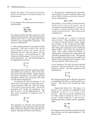 452 GMAT Prep Course
Finally, the clause “if the petunias still produce
flowers, the temperature is not below freezing” can
be pictured as:
~NF—>~F
If you diagram the entire petunia passage, it
looks like this:
F—>PD
PD—>NF
~NF—>~F
The diagram follows the same sequence as the
diagram for the passage. Thus the argument in
selection (B) is also a valid application of the
transitive and contrapositive properties. The
answer is selection (B).
4. This question presents an example of faulty
reasoning. “If the dog is a collie, it will shed its
downy undercoat only in the spring” can be
pictured as C—>S. The next clause, “The dog
shed in the spring,” can be pictured as S. The
conclusion of the passage, “so it must be a collie,”
can be pictured as ∴ C. The entire passage can
be diagrammed as follows:
C—>S
S____
∴ C
This diagram shows that the argument mistak-
enly affirms the conclusion. One of the selec-
tions makes the same mistake. Briefly diagram
the answer selections to see which argument
mistakenly affirms the conclusion the same
way the collie example does.
In selection (A), the first sentence, “In the
winter time in the mountains, it frequently snows,”
can be pictured as W—>S. The next clause,
“Three inches of snow fell last night,” can be dia-
grammed as S. Finally, the conclusion, “so it
must be winter,” can be diagrammed as ∴ W.
The entire argument in diagram form is
pictured as
W—>S
S_____
∴ W
The argument in selection (A) presents the
same diagram as the argument in the passage.
Both commit the fallacy of affirming the con-
clusion. Selection (A) is the correct answer.
5. We begin by symbolizing the argument.
The sentence “If a person studies four hours a day
for the GMAT, he will score in the top 10 percent”
can be symbolized as
4hrs—>10%
The sentence “Every student at Harvard Business
School scored in the top 10 percent” can be
reworded as an if-then statement: “If a person is
a student at Harvard Business School, then he
scored in the top 10 percent.” This in turn can be
symbolized as
H—>10%,
where H stands for “a student at Harvard
Business School.” Now, the phrase “Sarah who
is studying at Harvard Business School” affirms
the premise in the conditional H—>10%.
Hence, we know she scored in the top 10%.
This affirms the conclusion in the conditional
4hrs—>10%. Up to here the argument is
valid. But it then commits the fallacy of
affirming the conclusion by stating than she
must have studied 4 hours a day. This ignores
the possibility that Sarah may be gifted and
hence for her studying only two hours a day
may be sufficient. The answer is (C).
6. Let T stand for “the rebels truly want a political
settlement,” and let S stand for “they will stop
shelling the Capitol.” Now the argument can be
symbolized as
T—>S
S
T
∴
This diagram clearly shows that the argument
is committing the fallacy of affirming the con-
clusion. The answer will commit the same
fallacy.
Begin with choice (A). The clause “I’m
allergic to cats” contains an embedded if-then
statement: “If there is a cat around, I start
sneezing.” This in turn can be symbolized as
C—>Sn, where C stands for “there is a cat
around,” and Sn stands for “I start sneezing.”
Substituting these symbols into the argument
yields
C—>Sn
Sn
C
∴
The diagram shows that this argument has the
same structure as the original argument. The
answer is (A).
 