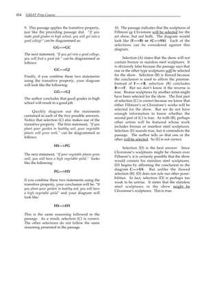 454 GMAT Prep Course
9. This passage applies the transitive property,
just like the preceding passage did. “If you
make good grades in high school, you will get into a
good college” can be diagrammed as:
GG—>GC
The next statement, “If you get into a good college,
you will find a good job,” can be diagrammed as
follows:
GC—>GJ
Finally, if you combine these two statements
using the transitive property, your diagram
will look like the following:
GG—>GJ
The author concludes that good grades in high
school will result in a good job.
Quickly diagram out the statements
contained in each of the five possible answers.
Notice that selection (C) also makes use of the
transitive property. The first statement, “If you
plant your garden in healthy soil, your vegetable
plants will grow well,” can be diagrammed as
follows:
HS—>PG
The next statement, “If your vegetable plants grow
well, you will have a high vegetable yield,” looks
like the following:
PG—>HY
If you combine these two statements using the
transitive property, your conclusion will be: “If
you plant your garden in healthy soil, you will have
a high vegetable yield” and your diagram will
look like:
HS—>HY
This is the same reasoning followed in the
passage. As a result, selection (C) is correct.
The other selections do not follow the same
reasoning presented in the passage.
10. The passage indicates that the sculptures of
Fillmore or Clivestone will be selected for the
art show, but not both. The diagram would
look like (F—>B) or (C—>SS). Each of the
selections can be considered against this
diagram.
Selection (A) states that the show will not
contain bronze or stainless steel sculptures. It
is obviously false because the passage says that
one or the other type sculptures will be selected
for the show. Selection (B) is flawed because
the conclusion is used to affirm the premise.
Instead of F — > B, selection (B) concludes
B—>F. But we don’t know if the reverse is
true. Bronze sculptures by another artist might
have been selected for the show. The first part
of selection (C) is correct because we know that
either Fillmore’s or Clivestone’s works will be
selected for the show. But we do not have
enough information to know whether the
second part of (C) is true. As with (B), perhaps
other artists will be featured whose work
includes bronze or stainless steel sculptures.
Selection (E) sounds true, but it contradicts the
passage. The author tells us that one or the
other will be selected. So (E) is not correct.
Selection (D) is the best answer. Since
Clivestone’s sculptures might be chosen over
Fillmore’s, it is certainly possible that the show
would contain his stainless steel sculptures.
(D) begins by affirming the conclusion to the
diagram C—>SS. But unlike the flawed
selection (B), (D) does not rule out other possi-
bilities. In fact, selection (D) is perhaps too
weak to be untrue. It states that the stainless
steel sculptures in the show might be
Clivestone’s sculptures. This is true.
 