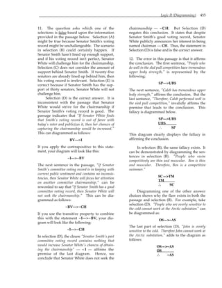 Logic II (Diagramming) 455
11. The question asks which one of the
selections is false based upon the information
provided in the passage below. Selection (A)
might be true because Senator Smith's voting
record might be unchallengeable. The scenario
in selection (B) could certainly happen. If
Senator Smith hasn't lined up enough support,
and if his voting record isn't perfect, Senator
White will challenge him for the chairmanship.
Selection (C) does not consider the amount of
support behind Senator Smith. If twenty-five
senators are already lined up behind him, then
his voting record is irrelevant. Selection (E) is
correct because if Senator Smith has the sup-
port of thirty senators, Senator White will not
challenge him.
Selection (D) is the correct answer. It is
inconsistent with the passage that Senator
White would strive for the chairmanship if
Senator Smith's voting record is good. The
passage indicates that "If Senator White finds
that Smith's voting record is out of favor with
today's voter and publicizes it, then her chances of
capturing the chairmanship would be increased."
This can diagrammed as follows:
BV—>I
If you apply the contrapositive to this state-
ment, your diagram will look like this:
~I—>~BV
The next sentence in the passage, "If Senator
Smith's committee voting record is in keeping with
current public sentiment and contains no inconsis-
tencies, then Senator White will focus her attention
on another committee chairmanship," can be
reworded to say that "If Senator Smith has a good
committee voting record, then Senator White will
not seek the chairmanship." This can be dia-
grammed as follows:
~BV—>~CH
If you use the transitive property to combine
this with the statement ~I—>~BV, your dia-
gram will look like the following:
~I—>~CH
In selection (D), the clause "Senator Smith's past
committee voting record contains nothing that
would increase Senator White's chances of obtain-
ing the chairmanship" — ~ I — affirms the
premise of the last diagram. Hence, we
conclude that Senator White does not seek the
chairmanship — ~CH. But Selection (D)
negates this conclusion. It states that despite
Senator Smith's good voting record, Senator
White publicly announces her interest in being
named chairman — CH. Thus, the statement in
Selection (D) is false and is the correct answer.
12. The error in this passage is that it affirms
the conclusion. The first sentence, "People who
do well in the sled pull competition have tremendous
upper body strength," is represented by the
following:
SP—>UBS
The next sentence, "Caleb has tremendous upper
body strength," affirms the conclusion. But the
last sentence, "Therefore, Caleb performed well in
the sled pull competition," invalidly affirms the
premise that leads to the conclusion. This
fallacy is diagrammed below.
SP—>UBS
UBS______
∴ SP
This diagram clearly displays the fallacy in
affirming the conclusion.
In selection (B), the same fallacy exists. It
can be demonstrated by diagramming the sen-
tences in selection (B). "People who swim
competitively are thin and muscular. Ben is thin
and muscular. Therefore, Ben is a competitive
swimmer."
SC—>TM
TM
∴
∴
∴
∴ SC
Diagramming one of the other answer
choices shows why the flaw exists in both the
passage and selection (B). For example, take
selection (D). "People who are overly sensitive to
the cold cannot work at the Arctic substation" can
be diagrammed as:
OS—>~AS
The last part of selection (D), "John is overly
sensitive to the cold. Therefore John cannot work at
the Arctic substation," adds to the diagram as
follows:
OS—>~AS
OS
∴
∴
∴
∴ ~AS
 
