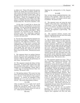 Classification 481
no others exist. Choice (D) attacks this premise
directly by stating that no planets outside our
solar system have been discovered because we
don’t yet have the ability to detect them. This is
probably the best answer, but we must check all
the choices. Choice (E) strengthens the argu-
ment by implying that even if there were other
planets it would be extremely unlikely that they
would contain life. The answer, therefore, is (D).
At this time, I would like to discuss the
relative difficulty of the problems we have been
studying. You may feel that the arguments have
been fairly easy. However, they have the same
level of difficulty as those on the GMAT. When
arguments are classified by the method of
reasoning used, their underlying simplicity
becomes apparent, and with sufficient study,
everyone can master them.
8. You may have noticed that this argument uses
the converse of the fallacy “Confusing Necessary
Conditions with Sufficient Conditions” men-
tioned earlier. In other words, it assumes that
something which is sufficient is also necessary.
In the given argument, this is fallacious because
some people may still score in the ninetieth
percentile, though they studied less than four
hours a day for one month. Therefore the answer
is (C).
9. The argument draws an analogy between
muscles and brains, and it concludes that since
exercise improves the performance of one’s
muscles it will also improve the performance of
one’s brain. The answer is (E).
10. This argument commits the fallacy of false
dichotomy. It assumes that workers have only
two reactions to their work—either it’s not chal-
lenging or it’s too challenging. Clearly, there is
a wide range of reactions between those two
extremes. The answer is (B).
11. The opening sentence “The senator has long
held to the general principle that no true work of
art is obscene” is the premise of the senator’s
argument. It contains an embedded if-then
statement: If it is a work of art, then it is not
obscene. This can be diagrammed as follows:
A—>~O,
where A stands for “it is a work of art” and O
stands for “it is obscene.” Now, the senator
justifies this principle by stating “if these works
really are obscene then they cannot be works of
art,” which can be symbolized as
O—>~A.
Applying the contrapositive to this diagram
yields
A—>~O.
Now, we have already established that this is the
premise of the argument. Hence the senator’s
argument is circular—he assumes what he seeks
to establish. The answer is (D).
12. The argument starts out using the word
“selfish” in the usual sense—self-centered. But
in the phrase “even the simplest ‘unselfish’ acts
prove to be instances of selfish concern for the
human species” it uses the term to mean altruis-
tic. Thus, the argument is equivocating. The
answer is (E).
13. The argument unfairly assumes that
Walcott’s background prevents him from being
objective. The answer is (A).
14. The argument commits the true-but-irrele-
vant fallacy. In this context, it is often called the
straw-man fallacy. Instead of addressing
Giselle's statement, Antoine sets up a statement
that Giselle did not make and then attacks that
straw-man. Arguing with someone who employs
this tactic can be quite infuriating. Giselle's
argument is that taxes should be increased to cut
consumption of gasoline, not to raise revenue.
Antoine ignores this fact and argues that if the
government needs additional revenue (which
Giselle does not claim) then the burden should be
distributed evenly. The answer is (A).
15. This argument commits two errors. First, it
takes a necessary condition to be sufficient. The
statement "All intelligent people are
nearsighted" means that for a person to be intel-
ligent he or she must necessarily be nearsighted.
But being nearsighted is not sufficient to make
one intelligent. Second, the argument overstates
the claim made in the premise. The premise is
about intelligent people in general, not a
subgroup of intelligent people—geniuses. Now
in choice (D), the statement "all tall people are
happy" has the same form as "All intelligent
people are nearsighted"; the statement "John is
extremely happy" has the same form as "I am
very nearsighted"; and the statement "so he must
be extremely tall” has the same form as "So I
must be a genius.” This shows a one-to-one cor-
respondence between choice (D) and the given
argument. Hence the answer is (D).
Choices (A) and (E) are eye-catchers
because they mention nearsightedness.
Remember the answer to a logical structure
(logical flaw) argument will have the same
 