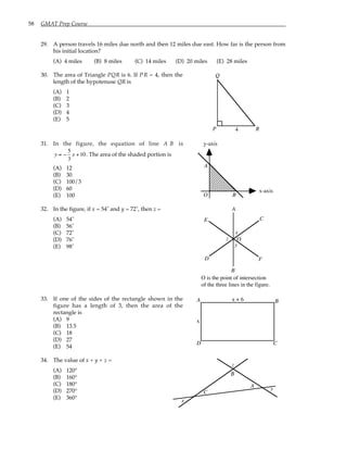 58 GMAT Prep Course
29. A person travels 16 miles due north and then 12 miles due east. How far is the person from
his initial location?
(A) 4 miles (B) 8 miles (C) 14 miles (D) 20 miles (E) 28 miles
30. The area of Triangle PQR is 6. If PR = 4, then the
length of the hypotenuse QR is
(A) 1
(B) 2
(C) 3
(D) 4
(E) 5
P
Q
R
4
31. In the figure, the equation of line A B is
y = −
5
3
x +10. The area of the shaded portion is
(A) 12
(B) 30
(C) 100/3
(D) 60
(E) 100
A
B
O
x-axis
y-axis
32. In the figure, if x = 54˚ and y = 72˚, then z =
(A) 54˚
(B) 56˚
(C) 72˚
(D) 76˚
(E) 98˚
x
z
y
A
B
C
D
E
F
O
O is the point of intersection
of the three lines in the figure.
33. If one of the sides of the rectangle shown in the
figure has a length of 3, then the area of the
rectangle is
(A) 9
(B) 13.5
(C) 18
(D) 27
(E) 54
A B
C
D
x
x + 6
34. The value of x + y + z =
(A) 120°
(B) 160°
(C) 180°
(D) 270°
(E) 360°
x
y
z
A
B
C
 