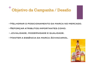 +
    Objetivo da Campanha / Desafio


• Melhorar o posicionamento da marca no mercado.

• Reforçar atributos importantes como:

- jovialidade, modernidade e qualidade.

• Manter a essência da marca Schincariol.
 