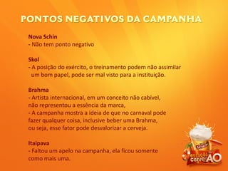 Nova Schin
- Não tem ponto negativo
Skol
- A posição do exército, o treinamento podem não assimilar
um bom papel, pode ser mal visto para a instituição.
Brahma
- Artista internacional, em um conceito não cabível,
não representou a essência da marca,
- A campanha mostra a ideia de que no carnaval pode
fazer qualquer coisa, inclusive beber uma Brahma,
ou seja, esse fator pode desvalorizar a cerveja.
Itaipava
- Faltou um apelo na campanha, ela ficou somente
como mais uma.
 