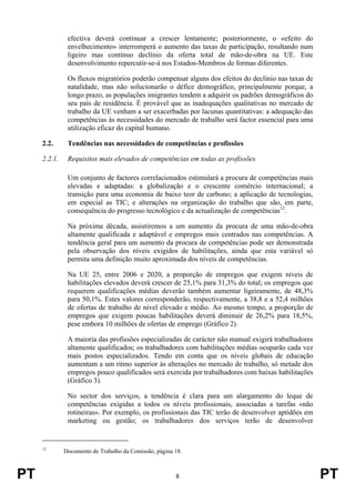 PT 8 PT
efectiva deverá continuar a crescer lentamente; posteriormente, o «efeito do
envelhecimento» interromperá o aumento das taxas de participação, resultando num
ligeiro mas contínuo declínio da oferta total de mão-de-obra na UE. Este
desenvolvimento repercutir-se-á nos Estados-Membros de formas diferentes.
Os fluxos migratórios poderão compensar alguns dos efeitos do declínio nas taxas de
natalidade, mas não solucionarão o défice demográfico, principalmente porque, a
longo prazo, as populações imigrantes tendem a adquirir os padrões demográficos do
seu país de residência. É provável que as inadequações qualitativas no mercado de
trabalho da UE venham a ser exacerbadas por lacunas quantitativas: a adequação das
competências às necessidades do mercado de trabalho será factor essencial para uma
utilização eficaz do capital humano.
2.2. Tendências nas necessidades de competências e profissões
2.2.1. Requisitos mais elevados de competências em todas as profissões
Um conjunto de factores correlacionados estimulará a procura de competências mais
elevadas e adaptadas: a globalização e o crescente comércio internacional; a
transição para uma economia de baixo teor de carbono; a aplicação de tecnologias,
em especial as TIC; e alterações na organização do trabalho que são, em parte,
consequência do progresso tecnológico e da actualização de competências12
.
Na próxima década, assistiremos a um aumento da procura de uma mão-de-obra
altamente qualificada e adaptável e empregos mais centrados nas competências. A
tendência geral para um aumento da procura de competências pode ser demonstrada
pela observação dos níveis exigidos de habilitações, ainda que esta variável só
permita uma definição muito aproximada dos níveis de competências.
Na UE 25, entre 2006 e 2020, a proporção de empregos que exigem níveis de
habilitações elevados deverá crescer de 25,1% para 31,3% do total; os empregos que
requerem qualificações médias deverão também aumentar ligeiramente, de 48,3%
para 50,1%. Estes valores corresponderão, respectivamente, a 38,8 e a 52,4 milhões
de ofertas de trabalho de nível elevado e médio. Ao mesmo tempo, a proporção de
empregos que exigem poucas habilitações deverá diminuir de 26,2% para 18,5%,
pese embora 10 milhões de ofertas de emprego (Gráfico 2).
A maioria das profissões especializadas de carácter não manual exigirá trabalhadores
altamente qualificados; os trabalhadores com habilitações médias ocuparão cada vez
mais postos especializados. Tendo em conta que os níveis globais de educação
aumentam a um ritmo superior às alterações no mercado de trabalho, só metade dos
empregos pouco qualificados será exercida por trabalhadores com baixas habilitações
(Gráfico 3).
No sector dos serviços, a tendência é clara para um alargamento do leque de
competências exigidas a todos os níveis profissionais, associadas a tarefas «não
rotineiras». Por exemplo, os profissionais das TIC terão de desenvolver aptidões em
marketing ou gestão; os trabalhadores dos serviços terão de desenvolver
12
Documento de Trabalho da Comissão, página 18.
 