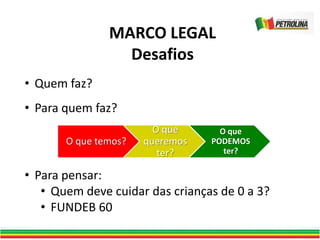 MARCO LEGAL
Desafios
• Quem faz?
• Para quem faz?
• Para pensar:
• Quem deve cuidar das crianças de 0 a 3?
• FUNDEB 60
O que temos?
O que
queremos
ter?
O que
PODEMOS
ter?
 