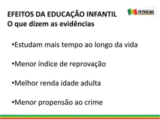 EFEITOS DA EDUCAÇÃO INFANTIL
O que dizem as evidências
•Estudam mais tempo ao longo da vida
•Menor índice de reprovação
•Melhor renda idade adulta
•Menor propensão ao crime
 