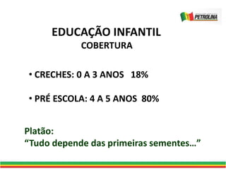EDUCAÇÃO INFANTIL
COBERTURA
• CRECHES: 0 A 3 ANOS 18%
• PRÉ ESCOLA: 4 A 5 ANOS 80%
Platão:
“Tudo depende das primeiras sementes…”
 