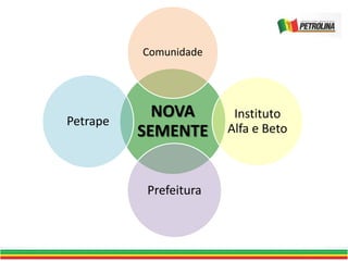 NOVA
SEMENTE
Comunidade
Instituto
Alfa e Beto
Prefeitura
Petrape
 