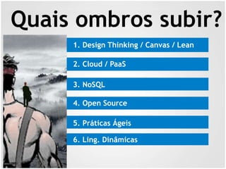 1. Design Thinking / Canvas / Lean
2. Cloud / PaaS
3. NoSQL
4. Open Source
Quais ombros subir?
5. Práticas Ágeis
6. Ling. Dinâmicas
 