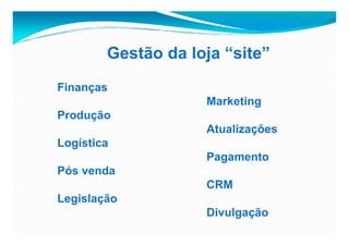 Gestão da loja “site”
Finanças
                    Marketing
Produção
                    Atualizações
Logística
                    Pagamento
Pós venda
                    CRM
Legislação
                    Divulgação
 