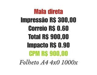 Mala direta
Impressão R$ 300,00
Correio R$ 0.60
Total R$ 900,00
Impacto R$ 0.90
CPM R$ 900,00
Folheto A4 4x0 1000x
 