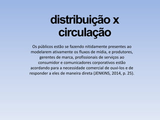 distribuição x
circulação
Os públicos estão se fazendo nitidamente presentes ao
modelarem ativamente os fluxos de mídia, e produtores,
gerentes de marca, profissionais de serviços ao
consumidor e comunicadores corporativos estão
acordando para a necessidade comercial de ouvi-los e de
responder a eles de maneira direta (JENKINS, 2014, p. 25).
 