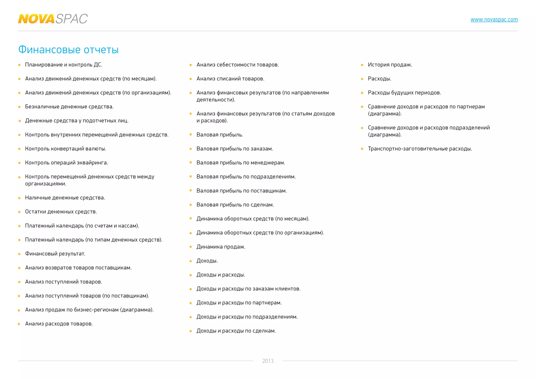2013
www.novaspac.com
Финансовые отчеты
Планирование и контроль ДС.
Анализ движений денежных средств (по месяцам).
Анализ движений денежных средств (по организациям).
Безналичные денежные средства.
Денежные средства у подотчетных лиц.
Контроль внутренних перемещений денежных средств.
Контроль конвертаций валюты.
Контроль операций эквайринга.
Контроль перемещений денежных средств между
организациями.
Наличные денежные средства.
Остатки денежных средств.
Платежный календарь (по счетам и кассам).
Платежный календарь (по типам денежных средств).
Финансовый результат.
Анализ возвратов товаров поставщикам.
Анализ поступлений товаров.
Анализ поступлений товаров (по поставщикам).
Анализ продаж по бизнес-регионам (диаграмма).
Анализ расходов товаров.
Анализ себестоимости товаров.
Анализ списаний товаров.
Анализ финансовых результатов (по направлениям
деятельности).
Анализ финансовых результатов (по статьям доходов
и расходов).
Валовая прибыль.
Валовая прибыль по заказам.
Валовая прибыль по менеджерам.
Валовая прибыль по подразделениям.
Валовая прибыль по поставщикам.
Валовая прибыль по сделкам.
Динамика оборотных средств (по месяцам).
Динамика оборотных средств (по организациям).
Динамика продаж.
Доходы.
Доходы и расходы.
Доходы и расходы по заказам клиентов.
Доходы и расходы по партнерам.
Доходы и расходы по подразделениям.
Доходы и расходы по сделкам.
История продаж.
Расходы.
Расходы будущих периодов.
Сравнение доходов и расходов по партнерам
(диаграмма).
Сравнение доходов и расходов подразделений
(диаграмма).
Транспортно-заготовительные расходы.
 