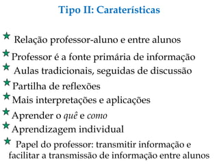 Tipo II: Caraterísticas Relação professor-aluno e entre alunos Professor é a fonte primária de informação Aulas tradicionais, seguidas de discussão Partilha de reflexões Mais interpretações e aplicações Papel do professor: transmitir informação e facilitar a transmissão de informação entre alunos Aprender o  quê  e  como Aprendizagem individual 