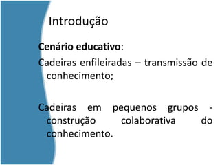 IntroduçãoCenário educativo: Cadeiras enfileiradas – transmissão de conhecimento;Cadeiras em pequenos grupos -construção colaborativa do conhecimento.