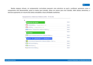 MULTIMEIOS DIDÁTICOS AS NOVAS TECNOLOGIAS E OS PROCESSOS EDUCATIVOS
9
Nestes espaços virtuais, os componentes curriculares possuem uma estrutura na qual o professor apresenta como o
componente será desenvolvido, posta os textos para estudos, deixa um acesso para tirar dúvidas. Além destes elementos, a
estrutura apresenta um resumo dos textos estudados e duas atividades avaliativas.
 