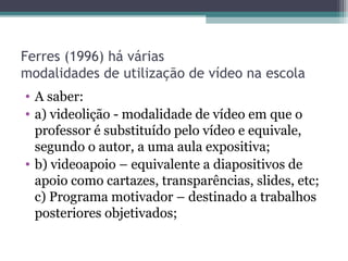 Ferres (1996) há várias
modalidades de utilização de vídeo na escola
• A saber:
• a) videolição - modalidade de vídeo em que o
professor é substituído pelo vídeo e equivale,
segundo o autor, a uma aula expositiva;
• b) videoapoio – equivalente a diapositivos de
apoio como cartazes, transparências, slides, etc;
c) Programa motivador – destinado a trabalhos
posteriores objetivados;
 