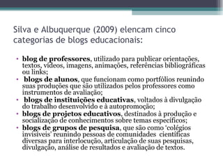 Silva e Albuquerque (2009) elencam cinco
categorias de blogs educacionais:
• blog de professores, utilizado para publicar orientações,
textos, vídeos, imagens, animações, referências bibliográficas
ou links;
• blogs de alunos, que funcionam como portfólios reunindo
suas produções que são utilizados pelos professores como
instrumentos de avaliação;
• blogs de instituições educativas, voltados à divulgação
do trabalho desenvolvido e à autopromoção;
• blogs de projetos educativos, destinados à produção e
socialização de conhecimentos sobre temas específicos;
• blogs de grupos de pesquisa, que são como ‘colégios
invisíveis’ reunindo pessoas de comunidades científicas
diversas para interlocução, articulação de suas pesquisas,
divulgação, análise de resultados e avaliação de textos.
 