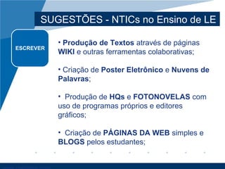 SUGESTÕES - NTICs no Ensino de LE
ESCREVER
• Produção de Textos através de páginas
WIKI e outras ferramentas colaborativas...