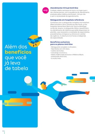 8
Retaguarda em hospitais referência
Benefícios exclusivos
para os planos Amil One
Atendimento Virtual Amil One
Contamos com a retaguarda completa nos hospitais
Albert Einstein e Sírio Libanês em São Paulo, e nos
hospitais Samaritano Barra da Tijuca e Botafogo
no Rio de Janeiro. A retaguarda cobre o beneficiário
no atendimento de médicos que estão disponíveis no
plantão, caso necessário a avaliação de especialistas,
procedimentos cirúrgicos ou clínicos em caráter
de urgência. A cobertura é 24 horas e independe
da especialidade.
• Retaguarda completa no Einstein;
• Reembolso em 24h úteis;
• Coleta domiciliar;
• Concierge (S6500 Black);
• Rede credenciada exclusiva e Médicos Black;
• Embaixada Amil One;
• E muito mais.
Cuidado médico exclusivo na hora e no lugar que o
seu cliente precisa, com a excelência do atendimento
prestado pelos médicos do Einstein. 24h por dia
e sem a necessidade de agendamento.
Além dos
benefícios
que você
já leva
de tabela
 
