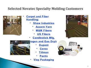 Carpet and Fiber Handling: Shaw Industries Accent Yarn M&M Fibers US Fibers Candlestick Mfg. Nitrogen and Gas Drying: Dupont Cerex Tillman Pactiv Visy Packaging 