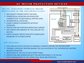 A C MO T O R P R OT E C T ION D E V IC E S
U B Z -3 0 1 P E R F OR MS C OMP L E T E MO T O R
P R OT E C T ION IN T HE F OL L OW IN G C A S E S :
    BAD QUALITY POWER SUPPLY VOLTAGE;
    SYMMETRICAL OCERLOAD ON PHASE/LINE
     CURRENTS DUE TO MECHANICAL MOTOR LOAD;
    ASYMMETRICAL OVERLOAD;
    PHASE CURRENTS ASYMMETRY WITHOUT
     OVERLOAD,
    PROTECTION ON STARTING/OPERATION CURRENT
    DRY STROKE AND ABSENCE OF THE LOAD ON THE
     MOTOR;
    EARTH LEAKAGE PROTECTION WITH SUBSEQUENT
     DISABLING OF AUTORECLOSING


 A DV A N T A G E S :
    EASY AND ACCURATE SETTING OF NOMINAL CURRENTS BEFORE THE MOTOR START
    THERMAL OVERLOAD TRIPPING BASING THE CALCULATION OF THE DIFFERENTIAL HEATING
     BALANCE EQUATION
    INDICATION OF THE FAULTS ON A FRONT PANEL
    PROTECTION AND OPERATION WITH THE MOTORS FROM 2.5 TO 315 kW
    DATA TRANSMISSION TO THE UPPER LEVEL ON RS-485 PROTOCOL

                                                            www.novatek-electro.com
 