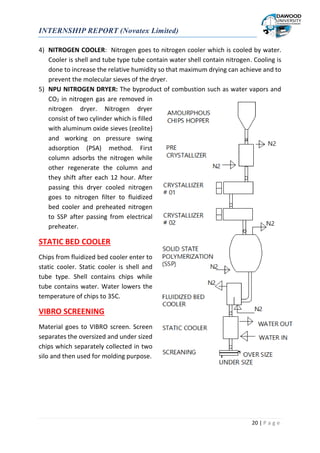 INTERNSHIP REPORT (Novatex Limited)
20 | P a g e
4) NITROGEN COOLER: Nitrogen goes to nitrogen cooler which is cooled by water.
Cooler is shell and tube type tube contain water shell contain nitrogen. Cooling is
done to increase the relative humidity so that maximum drying can achieve and to
prevent the molecular sieves of the dryer.
5) NPU NITROGEN DRYER: The byproduct of combustion such as water vapors and
CO2 in nitrogen gas are removed in
nitrogen dryer. Nitrogen dryer
consist of two cylinder which is filled
with aluminum oxide sieves (zeolite)
and working on pressure swing
adsorption (PSA) method. First
column adsorbs the nitrogen while
other regenerate the column and
they shift after each 12 hour. After
passing this dryer cooled nitrogen
goes to nitrogen filter to fluidized
bed cooler and preheated nitrogen
to SSP after passing from electrical
preheater.
STATIC BED COOLER
Chips from fluidized bed cooler enter to
static cooler. Static cooler is shell and
tube type. Shell contains chips while
tube contains water. Water lowers the
temperature of chips to 35C.
VIBRO SCREENING
Material goes to VIBRO screen. Screen
separates the oversized and under sized
chips which separately collected in two
silo and then used for molding purpose.
 