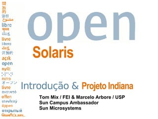 Solaris
                      USE    IMPROVE   EVANGELIZE




Introdução & Projeto Indiana
    Tom Mix / FEI & Marcelo Arbore / USP
    Sun Campus Ambassador
    Sun Microsystems
 