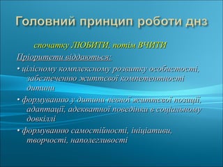 спочатку ЛЮБИТИ, потім ВЧИТИспочатку ЛЮБИТИ, потім ВЧИТИ
Пріоритети віддаються:Пріоритети віддаються:
•• цілісному комплексному розвитку особистості,цілісному комплексному розвитку особистості,
забезпеченню життєвої компетентностізабезпеченню життєвої компетентності
дитинидитини
•• формуванню у дитини певної життєвої позиції,формуванню у дитини певної життєвої позиції,
адаптації, адекватної поведінки в соціальномуадаптації, адекватної поведінки в соціальному
довкіллідовкіллі
•• формуванню самостійності, ініціативи,формуванню самостійності, ініціативи,
творчості, наполегливостітворчості, наполегливості
 