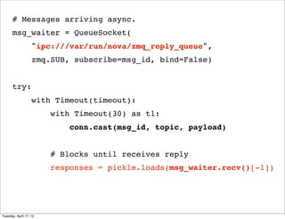 # Messages arriving async.
      msg_waiter = QueueSocket(
                   "ipc:///var/run/nova/zmq_reply_queue",
     ...