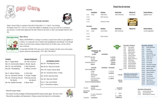 VOLUNTEERS NEEDED
Santa’s Secret Shop is coming to Epworth on December 5, 6, 7 and 8. I am looking
for helpers from 9 to 11:30 a.m. to assist the children in shopping. If you can come for a morning or
just an hour, I would really appreciate the help. Please let me know so that I can schedule help for each
day.
Kidstuff Coupon Books:
The Center has the privilege of distributing Kidstuff coupon books again. The cost is $25.
They will be available until November 4. Please contact the Director for information.
THEMES INFANT/TODDLERS
Nov 7—Apple Week 10, Pink, Crescent
Nov 14—Community Helpers 1, Brown, Square
Nov 21—Fun w/Cooking 2, Red, Diamond
Nov 28—Thanksgiving 3, White, Crescent
Dec 5—Warm Clothes 4, Pink, Oval
Dec 12—Domestic Animals 5, Purple, Triangle
Dec 18—Christmas Around Christmas Around
The World the World
Dec 26—Spatial Concepts 6, Blue, Heart
UPCOMING EVENTS
Nov 22—Thanksgiving Feast
Nov 24-25—Day Care Closed
Dec 5-8—Santa’s Secret Shop
Dec 16—Christmas Party—Friday
Dec 19-30—Day Care Only
Dec 26—Day Care Closed
Jan 2— Day Care Closed
Jan 3—Preschool re-opens
Open House
What a WONDERFUL evening. It is always a special time when we get together as
a family. It is especially nice to finally meet grandparents and siblings. Even though
some of you have been coming to Open House for 20 plus years, you are still al-
ways welcome.
A Great Big THANK YOU goes out to all the Teachers for their extra work prepar-
ing the classroom and materials. YOU ARE THE BEST!
Thank You for Serving
November
Invocation Greeters Head Usher Mission Prj Calvary Mission
11-6 Youth Dolly Henry Allen Hendricks Shoe boxes spaghetti sauce
11-13 Alice Fazzone
11-20
11-27 LaVonne Cindric
December
Invocation Greeters Head Usher Mission Prj Calvary Mission
12-4 Youth Larry Hinson Allen Hendricks canned vegetables
12-11
12-18 Alice Fazzone
12-25
November Birthdays
11/3 Cleo Kelley
11/4 Dolly Henry
11/5 Marcia Paul
11/6 Cheryl Carter
11/12 Pam Staley
11/13 Frances Stuck
11/15 Keith Paulus
11/18 Walter Friend, Jr.
11/19 Tisha King
11/19 Trent Cakanic
11/21 Jim Brunckhart
11/22 Sandy Hunter
11/22 Gabe Cakanicl
11/29 Devin Ramsey
November Anniversaries
11/24 Deb & Tom Scheetz
11/27 Charlene & John Worrall
December Birthdays
12/1 Kathy Mortland
12/4 Iva Rees
12/5 Nick Staley
12/5 Lucas Kelley
12/7 Kameron Kincaid
12/9 Ralph Cox, Sr.
12/11 Sarah Paul
12/12 Laura Otte
12/12 Art Woods
12/14 Jeremiah Drobney
12/15 Nathan Schaffter
12/16 Bonnie Stipe
12/16 Mitch Derheimer
12/19 Nicole Weltich
12/23 Scott Bowe
12/27 Tim Remley
12/28 Theresa Lemon
12/28 Zoey Paulus
12/29 Vicki Henderson
12/31 David Stanford
December Anniversaries
12/2 Larry & Evelyn Hinson
12/21 Laura & Bob Otte
12/26 Deb & Sylvester Drobney
FINANCIAL RE-
PORT
CHURCH CHECKBOOK
09/01/2016 Bal. fwd. 21,181.00
Receipts 7,004.33
Total Income 28,185.33
09/30/2016Expenses 8,266.69
Balance 19,918.64
BUILDING EXPANSION CHECKBOOK
09/01/2016Bal. Fwd. 87.13
Pledges $ 1,791.83
Church $ 1,000.00
Total Income 2,791.83
Expenses $ 2,453.35
Extra Pay Principal $ 106.83
Total Expenses 2,560.18
09/30/2016Checkbook Balance 318.78
LOAN BALANCE
9/1/2016 Loan Bal. 210,346.96
Payment on Principal $ 1,683.54
Extra Pd. On
Principal
St. Pauly's Clothing Bin
Donations
9/30/2016 Loan Balance
$ 86.83
$ 20.00
$ 208,556.59
 