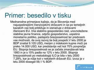 Primer: besedilo v tisku <ul><ul><li>Mednarodne primerjave kažejo, da je Slovenija med najuspešnejšimi tranzicijskimi drža...