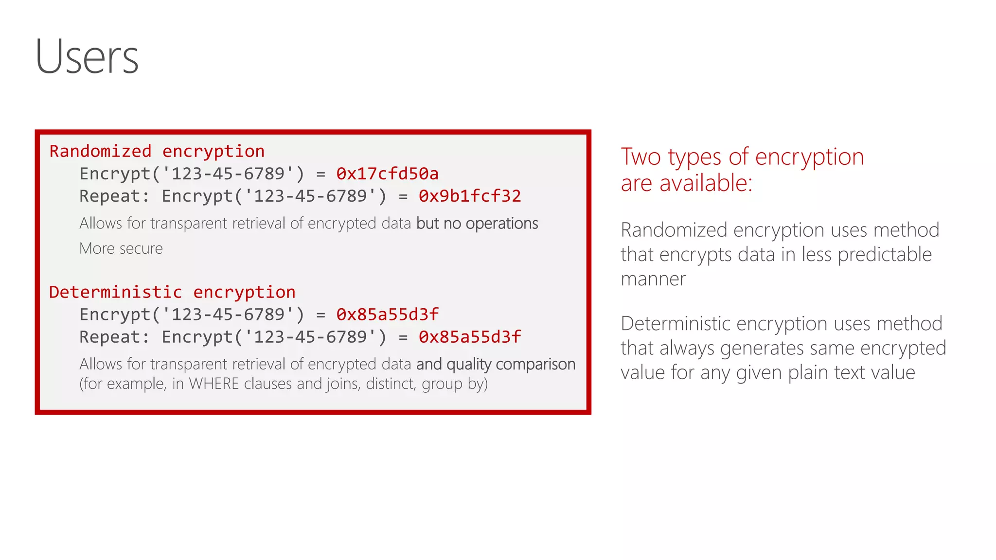 Randomized encryption
Encrypt('123-45-6789') = 0x17cfd50a
Repeat: Encrypt('123-45-6789') = 0x9b1fcf32
Allows for transparent retrieval of encrypted data but no operations
More secure
Deterministic encryption
Encrypt('123-45-6789') = 0x85a55d3f
Repeat: Encrypt('123-45-6789') = 0x85a55d3f
Allows for transparent retrieval of encrypted data and quality comparison
(for example, in WHERE clauses and joins, distinct, group by)
Two types of encryption
are available:
Randomized encryption uses method
that encrypts data in less predictable
manner
Deterministic encryption uses method
that always generates same encrypted
value for any given plain text value
Users
 