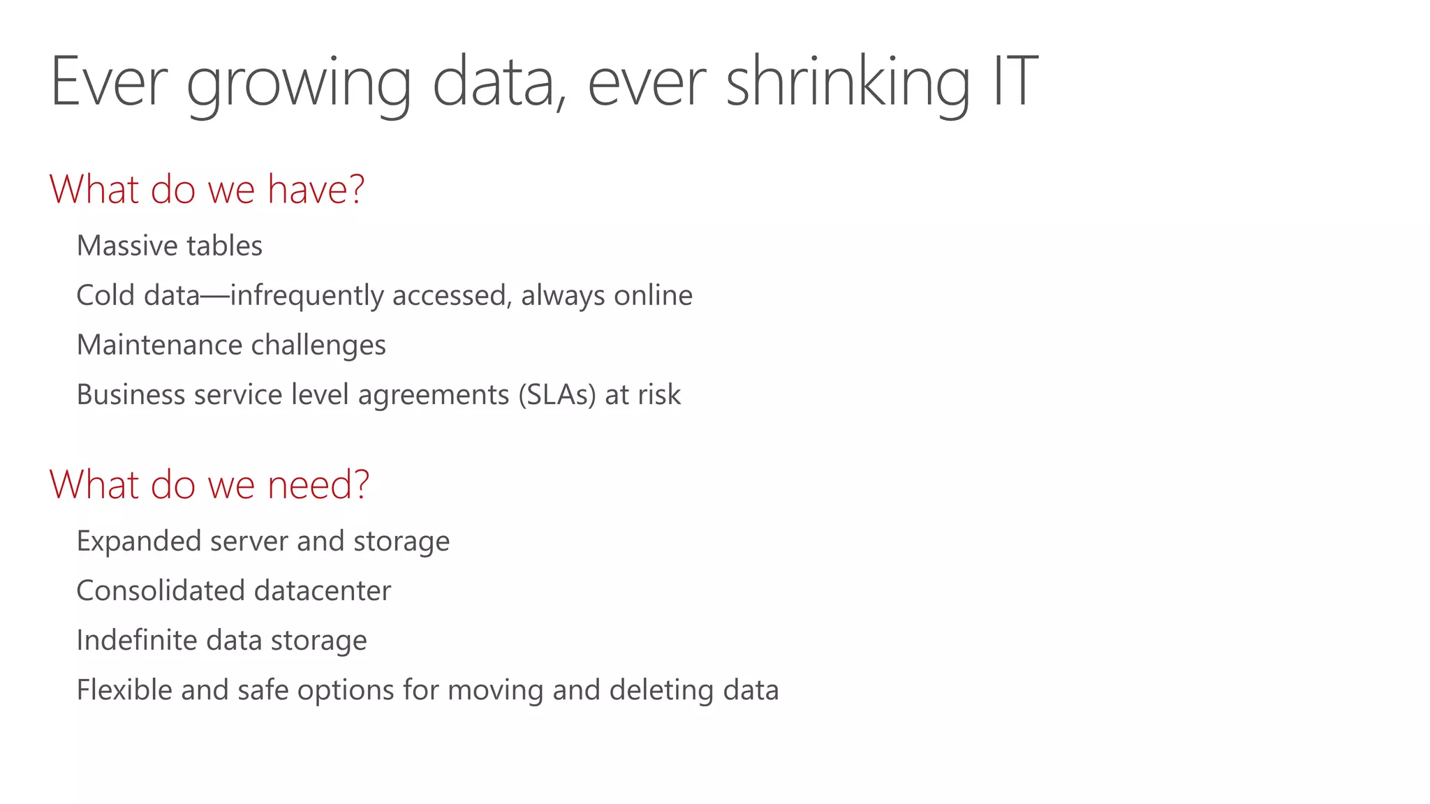 What do we have?
Massive tables
Cold data―infrequently accessed, always online
Maintenance challenges
Business service level agreements (SLAs) at risk
What do we need?
Expanded server and storage
Consolidated datacenter
Indefinite data storage
Flexible and safe options for moving and deleting data
Ever growing data, ever shrinking IT
 