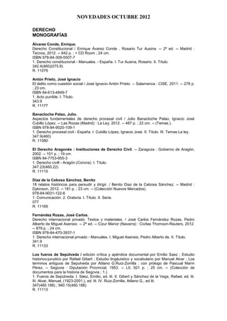 NOVEDADES OCTUBRE 2012

DERECHO
MONOGRAFÍAS
Álvarez Conde, Enrique.
Derecho Constitucional / Enrique Ávarez Conde , Rosario Tur Ausina. -- 2ª ed. -- Madrid :
Tecnos, 2012. -- 842 p. : + CD Room ; 24 cm.
ISBN 978-84-309-5507-7
1. Derecho constitucional - Manuales. - España. I. Tur Ausina, Rosario. II. Título.
342.4(460)(075.8)
R. 11079

Antón Prieto, José Ignacio
El delito como cuestión social / José Ignacio Antón Prieto. -- Salamanca : CISE, 2011. -- 278 p.
; 23 cm.
ISBN 84-613-4849-7
1. Acto punible. I. Título.
343.9
R. 11177

Banacloche Palao, Julio.
Aspectos fundamentales de derecho procesal civil / Julio Banacloche Palao, Ignacio José
Cubillo López. -- Las Rozas (Madrid) : La Ley, 2012. -- 487 p. ; 22 cm. -- (Temas.).
ISBN 978-84-9020-109-1
1. Derecho procesal civil - España. I. Cubillo López, Ignacio José. II. Título. III. Temas La ley.
347.9(460)
R. 11080

El Derecho Aragonés : Instituciones de Derecho Civil. -- Zaragoza : Gobierno de Aragón,
2002. -- 101 p. ; 19 cm.
ISBN 84-7753-955-3
1. Derecho civill - Aragón (Corona). I. Título.
347.23(460.22)
R. 11115

Díaz de la Cebosa Sánchez, Benito
18 relatos históricos para persudir y dirigir. / Benito Diaz de la Cebosa Sánchez. -- Madrid :
Dykinson, 2012. -- 181 p. ; 23 cm. -- (Colección Nuevos Mercados).
978-84-9031-122-6
1. Comunicación. 2. Oratoria. I. Título. II. Serie.
077
R. 11169

Fernández Rozas, José Carlos.
Derecho internacional privado. Textos y materiales. / José Carlos Fernández Rozas, Pedro
Alberto de Miguel Asensio. -- 2ª ed. -- Cizur Menor (Navarra) : Civitas Thomson-Reuters, 2012.
-- 879 p. ; 24 cm.
ISBN 978-84-470-3937-1
1. Derecho internacional privado - Manuales. I. Miguel Asensio, Pedro Alberto de. II. Título.
341.9
R. 11133

Los fueros de Sepúlveda / edición crítica y apéndice documental por Emilio Saez ; Estudio
historico-jurudico por Rafael Gibert ; Estudio lingèuistico y vocabulario por Manuel Alvar ; Los
terminos antiguos de Sepulveda por Atilano G.Ruiz-Zorrilla ; con prólogo de Pascual Marín
Pérez. -- Segovia : Diputación Provincial, 1953. -- LII, 921 p. ; 25 cm. -- (Colección de
documentos para la historia de Segovia ; 1.).
1. Fueros de Sepúlveda. I. Sáez, Emilio, ed. lit. II. Gibert y Sánchez de la Vega, Rafael, ed. lit.
III. Alvar, Manuel, (1923-2001,), ed. lit. IV. Ruiz-Zorrilla, Atilano G., ed lit.
347(460.188) ; 940.15(460.188)
R. 11113
 