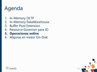 Agenda
25
1. In-Memory OLTP
2. In-Memory DataWarehouse
3. Buffer Pool Extension
4. Resource Governor para IO
5. Operaciones online
6. Mejoras en motor On-Disk
 