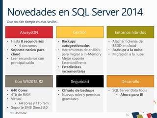 Novedades en SQL Server 2014
Que no dan tiempo en esta sesión…
36
AlwaysON
• Hasta 8 secundarios
• 4 síncronos
• Soporte n...