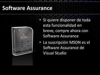 Visual Studio Team System 2010Agile Project Planning1-click Custom Excel reportsEnd to End TraceabilityDatabase Edition merged into DevelopmentStunning New ReportsTFS Administrationw/MMCNew DashboardsGated Checkin Branch VisualizationTest PlanningDistributed BuildScalability ++Build Windows Workflow IntegrationTest ExecutionManual Test RunnerActivity DiagramUse Case DiagramTest Impact AnalysisLayer DiagramModeling ProjectsLogical Class DiagramCoded UI TestArchitecture ExplorerComponent DiagramSequence DiagramHistorical Debugging