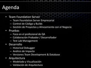 AgendaTeam Foundation ServerTeam Foundation Server EmpresarialControl de Código y BuildsGestión de Proyectos y Alineamiento con el NegocioPruebasFoco en el profesional de QAColaboración Probador / DesarrolladorTest Lab ManagementDesarrolloHistorical DebuggerAnálisis de ImpactoVersiones Team Development & DatabaseArquitecturaModelado y VisualizaciónValidación de Arquitectura