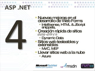 Nuevas mejoras en el desarrollo de Web Forms Intellisense, HTML & JScript snippets, Creación rápida de sitios  data-driven Dynamic Data Sitios web testeables y extensibles MVC, MEF Llevar sitios web a la nube Azure 